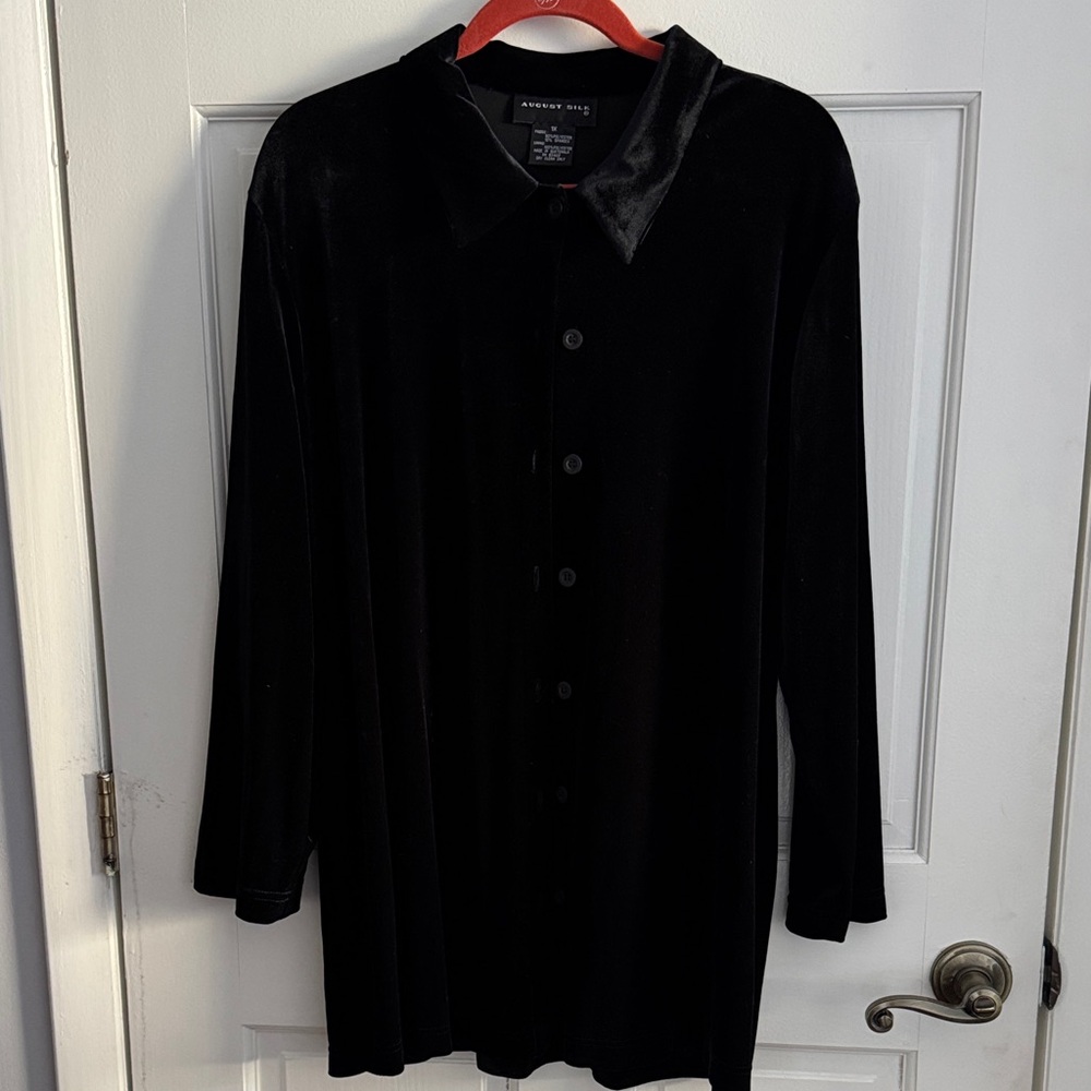 Gorgeous August Silk Black Velvet Button Down Shirt Tunic, size 1X